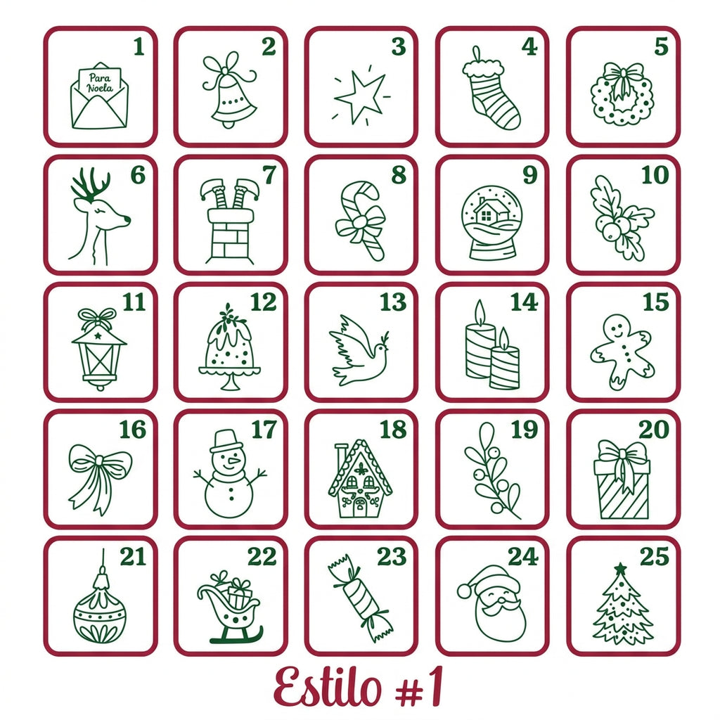 Estilo 1 del calendario de Adviento: 25 motivos navideños numerados para marcar en fondant.