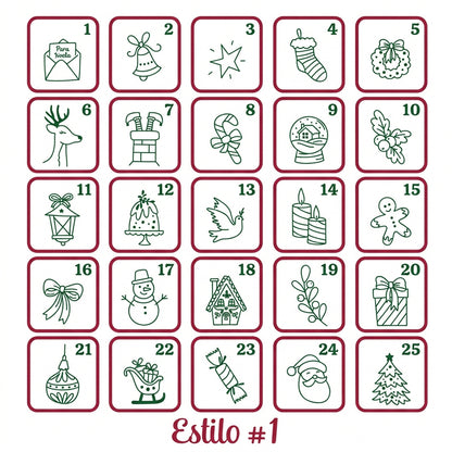 Estilo 1 del calendario de Adviento: 25 motivos navideños numerados para marcar en fondant.
