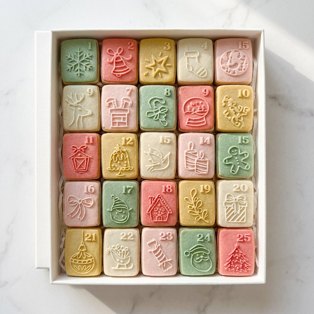 Ejemplo de calendario de Adviento con piezas de fondant decoradas en relieve. Los alimentos y la caja no están incluidos.