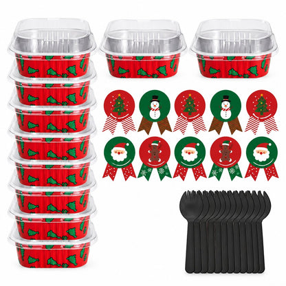 Vallia Repostería recipiente navideño rojo para postre con tapa transparente, sticker festivo y cuchara negra