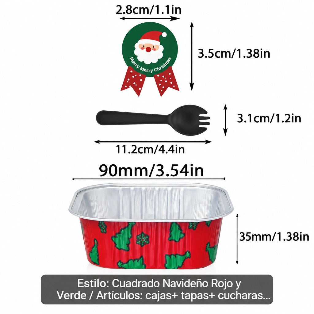 Vallia Repostería recipiente cuadrado navideño rojo con pinos, tapa, cuchara negra y sticker de Santa Claus