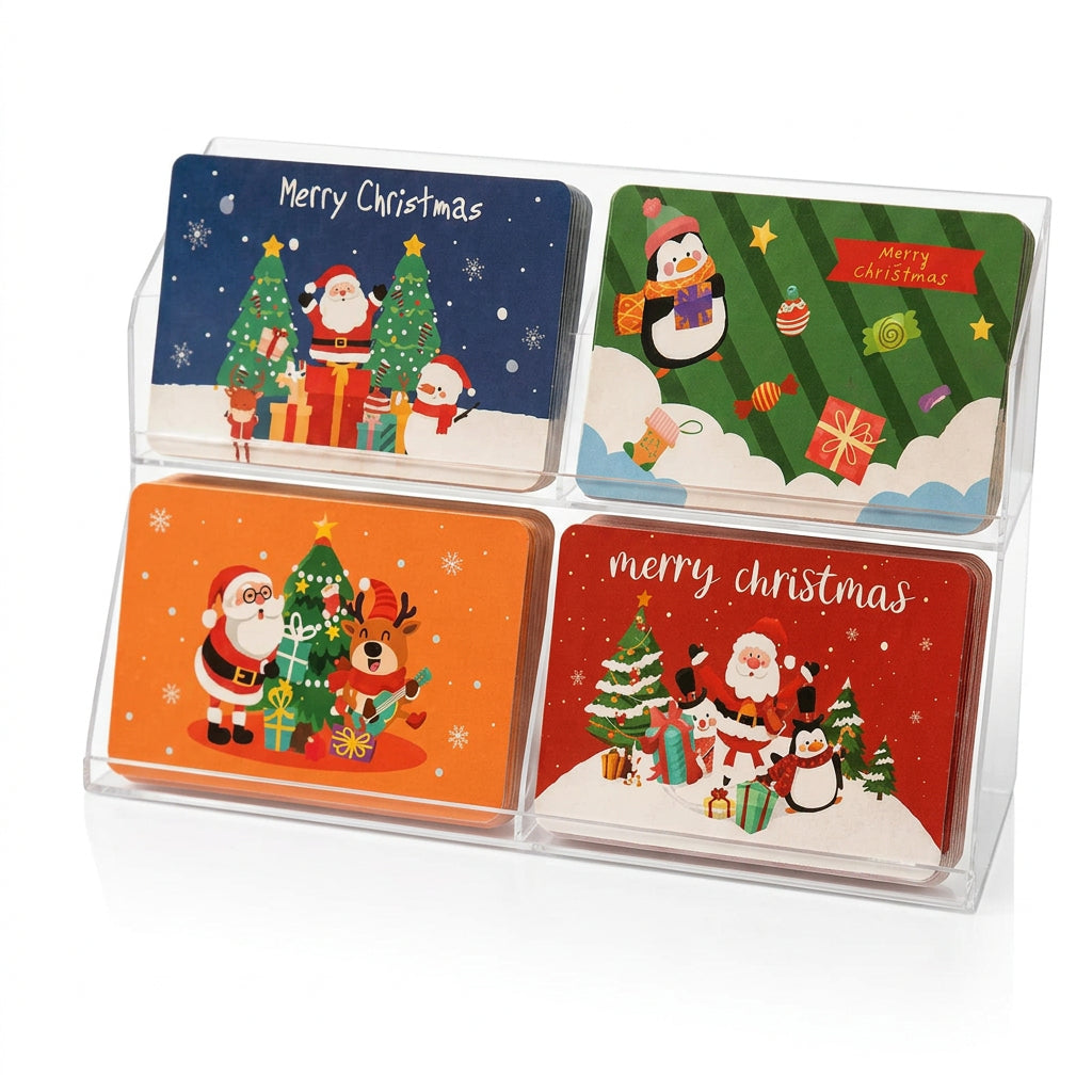 Set de tarjetas navideñas Vallia Repostería con diseños de Santa, pingüinos y renos en expositor acrílico transparente