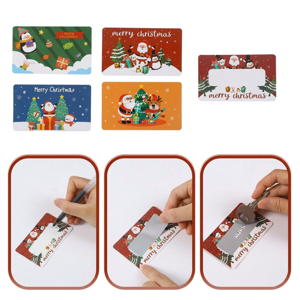 Set de tarjetas navideñas Vallia Repostería con diseños de Santa, pingüinos y renos con espacio para escribir mensajes.