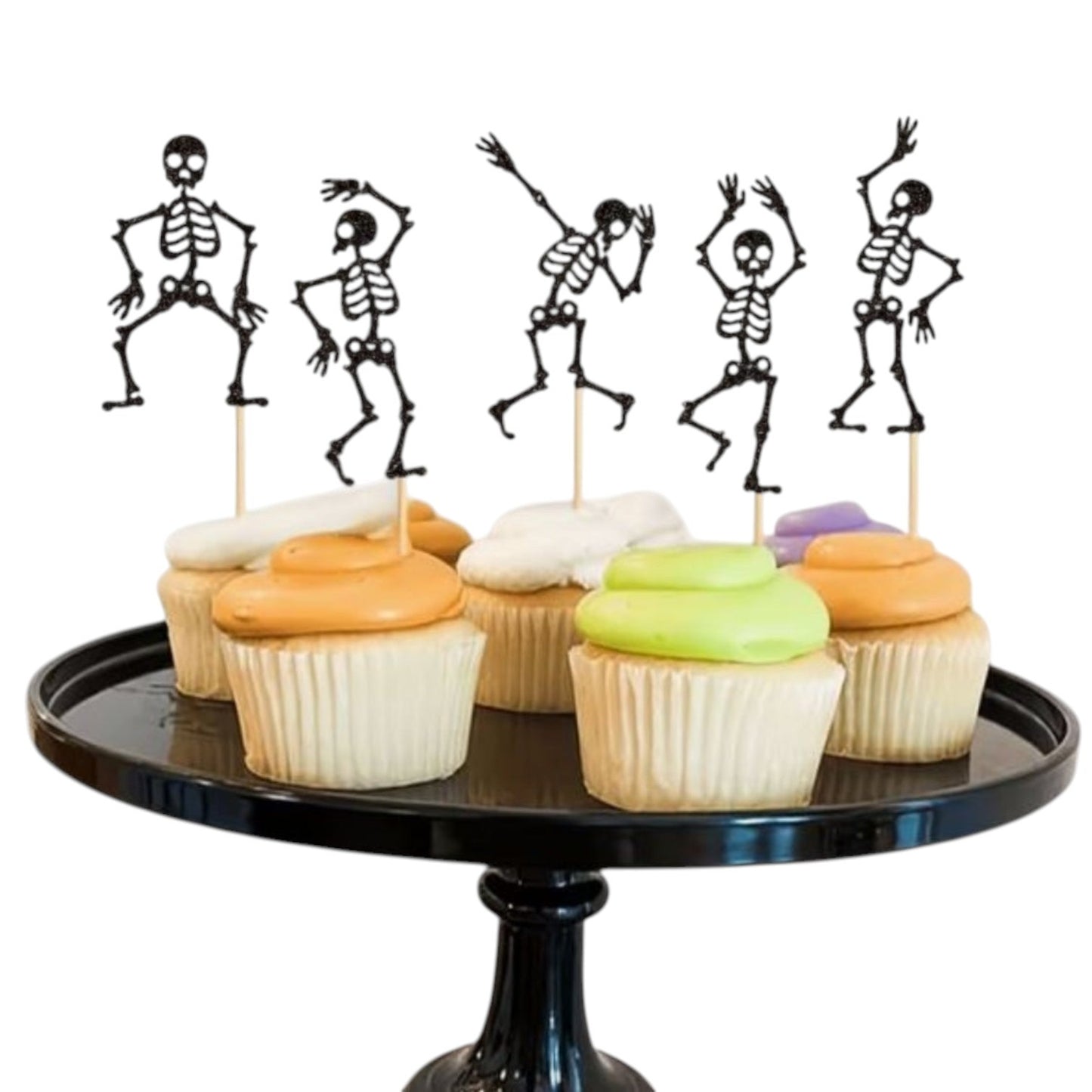 Set de toppers Vallia Repostería con esqueletos bailarines negros de glitter sobre cupcakes para decoración de Halloween